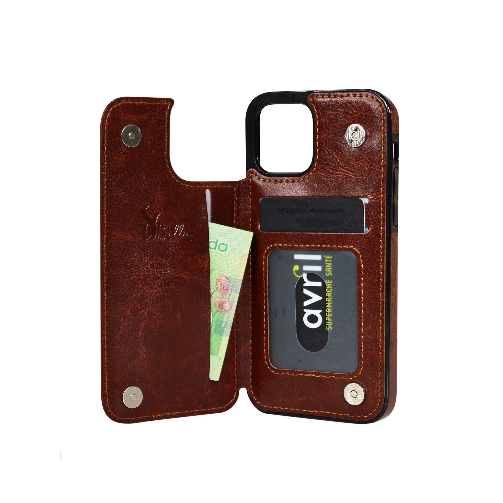 Billu - pour iPhone 12 et iPhone 12 Pro (6.1 pouces) Étui portefeuille en similicuir végane antichoc (marron brun élégant)