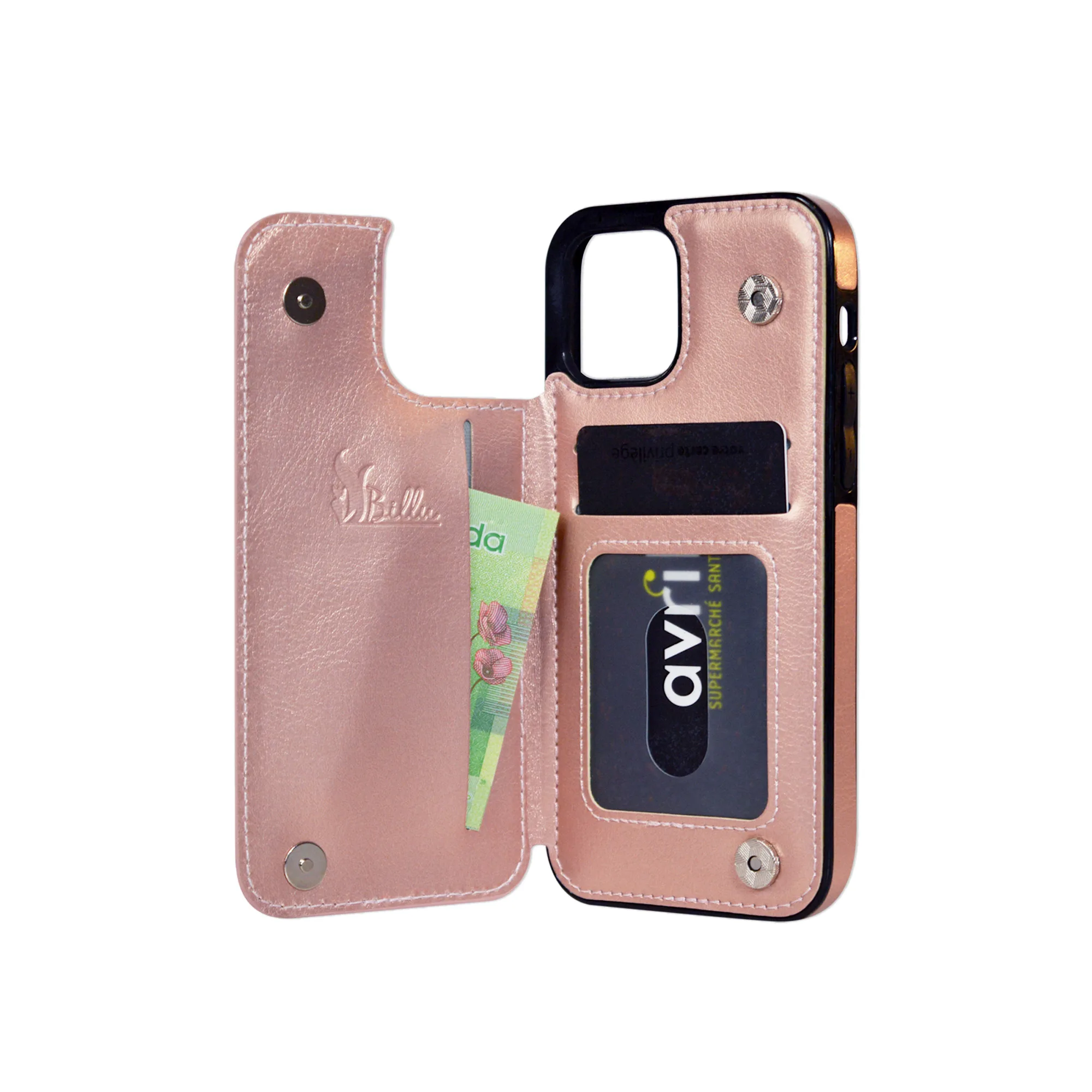 Billu - for iPhone 12 and iPhone 12 Pro (6.1 inch) Wallet Case Faux Leather Durable Shockproof Cover for Apple (Pink Rose Gold)