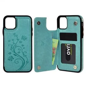Billu - pour iPhone 11 (6,1 pouces) Étui portefeuille en similicuir antichoc (motif de fleurs bleu-vert turquoise)