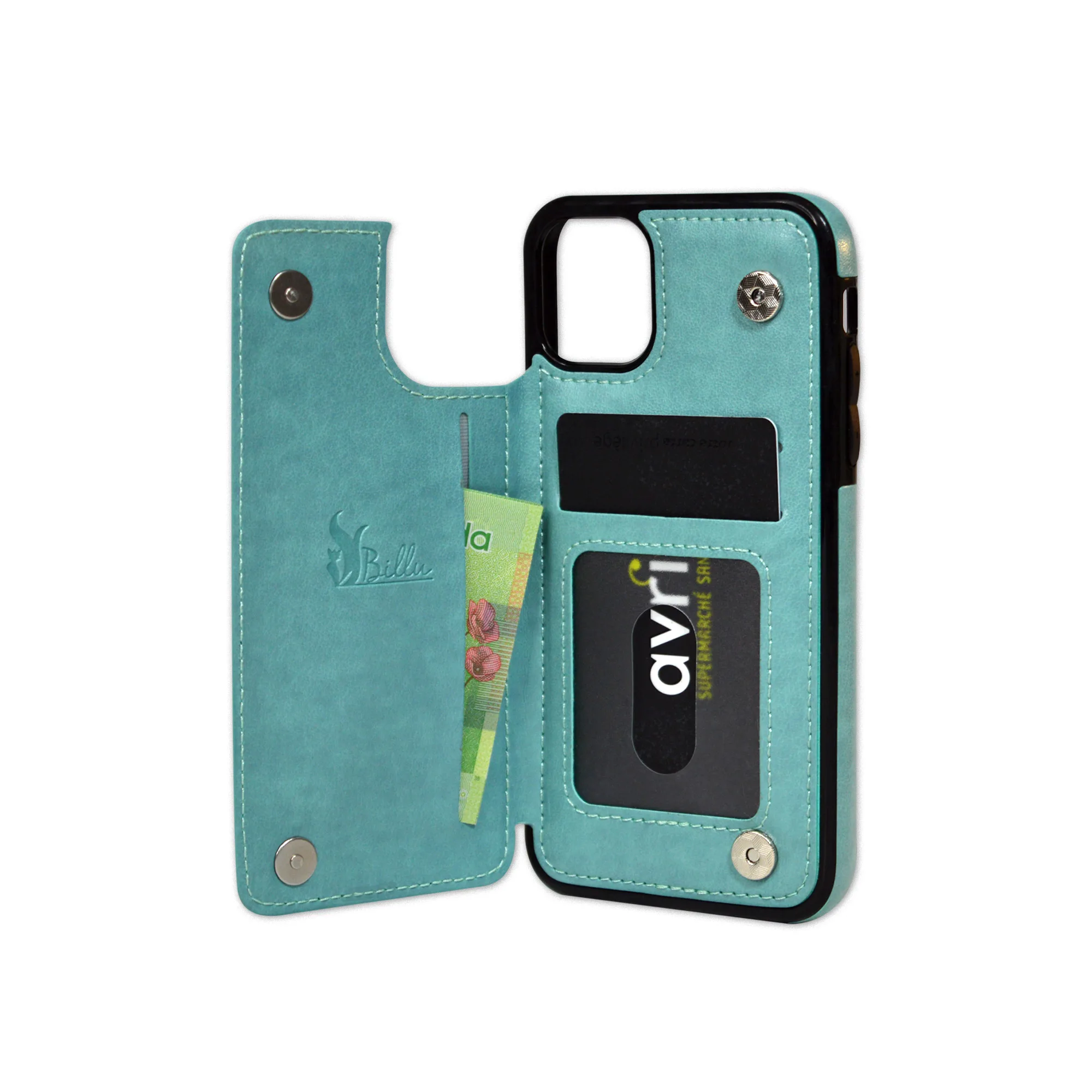 Billu - pour iPhone 11 (6,1 pouces) Étui portefeuille en similicuir antichoc (motif de fleurs bleu-vert turquoise) – Image 3