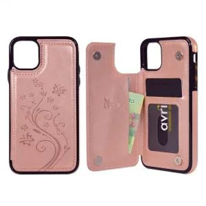 Billu - pour iPhone 11 (6,1 pouces) Étui portefeuille en similicuir antichoc (motif de fleurs rose gold)