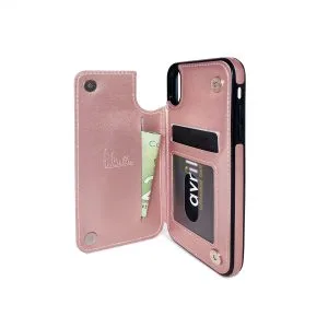 Billu - pour iPhone XR (6,1 pouces) Étui portefeuille en similicuir antichoc (rose gold)