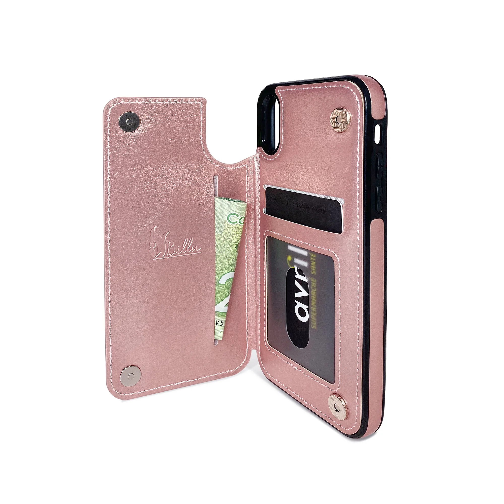 Billu - for iPhone XS Max (6,5-inch) Wallet Case Faux Leather Cover Shockproof Kickstand (Pink Rose Gold)