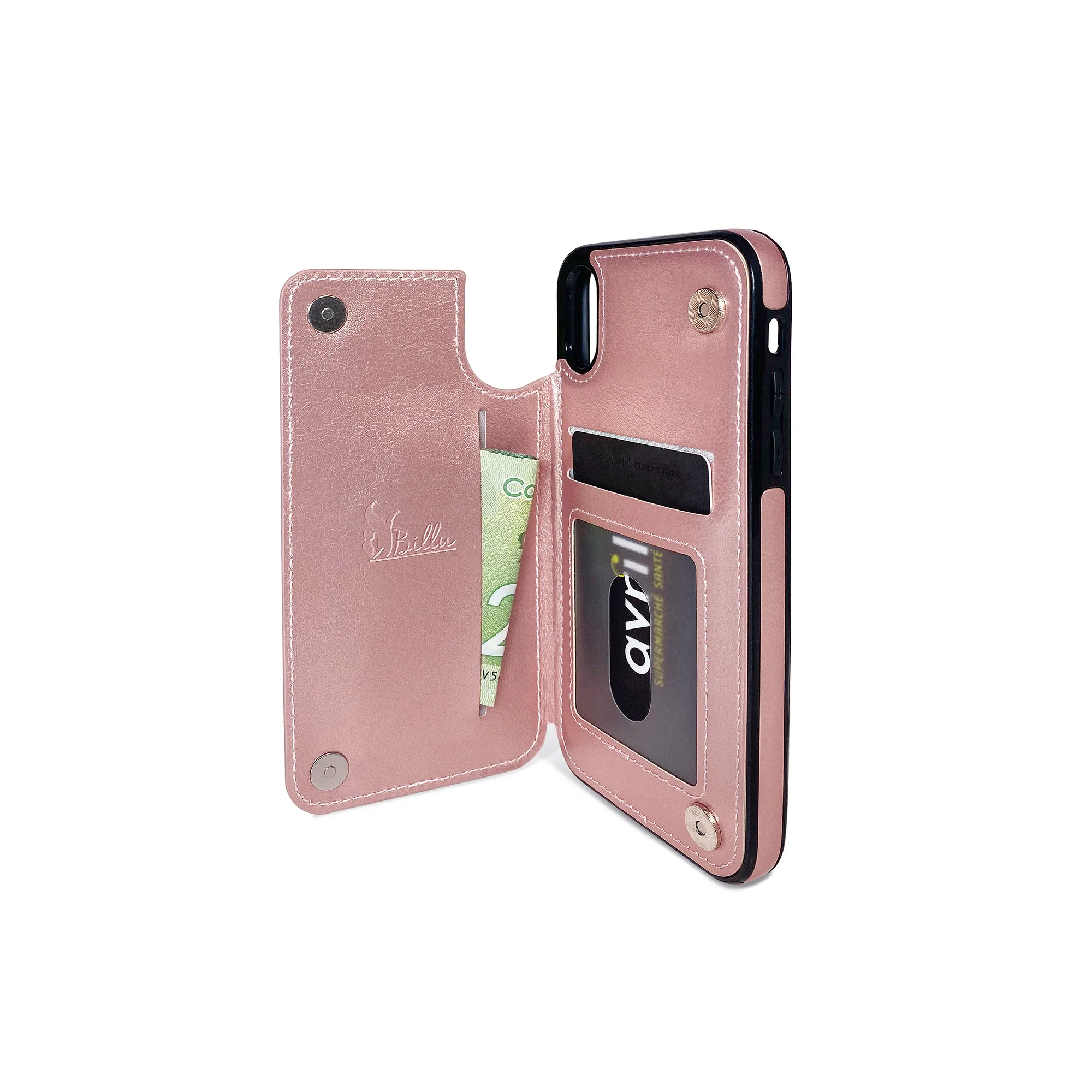 Billu - pour iPhone X et iPhone XS (5.8 pouces) Étui portefeuille en similicuir antichoc (rose gold)