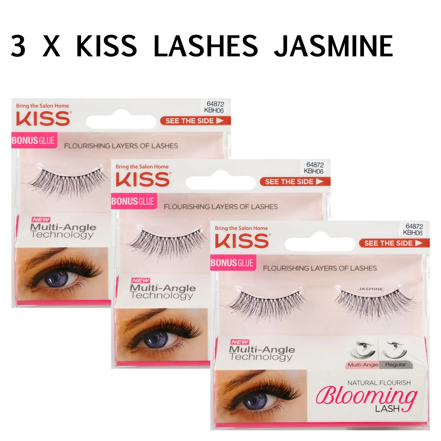 KISS Eyelashes Lot (3 pairs) Blooming LASH *with Glue* Natural Soft 3D Long Volume Faux False Lashes Adhesive (JASMINE)