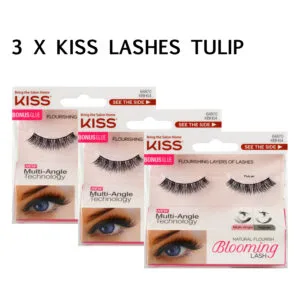KISS Eyelashes Lot (3 pairs) Blooming LASH with Glue Natural Soft 3D Long Volume Faux False Lashes Adhesive (TULIP)