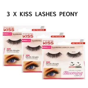 KISS Eyelashes Lot (3 pairs) Blooming LASH with Glue Natural Soft 3D Long Volume Faux False Lashes Adhesive (PEONY)