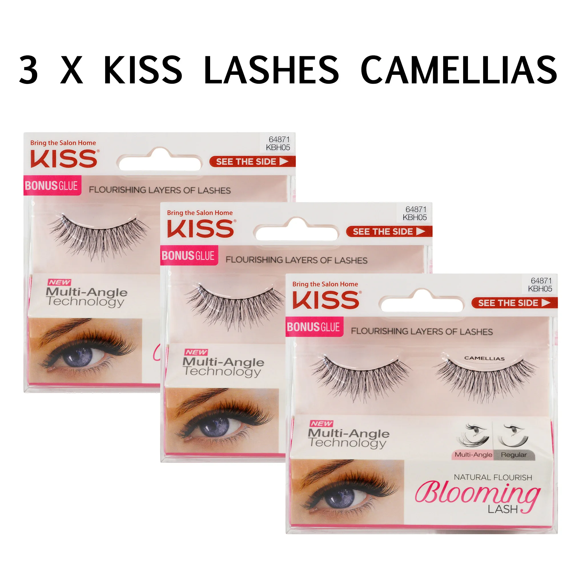 KISS Eyelashes Lot (3 pairs) Blooming LASH with Glue Natural Soft 3D Long Faux False Lashes Adhesive (CAMELLIAS)